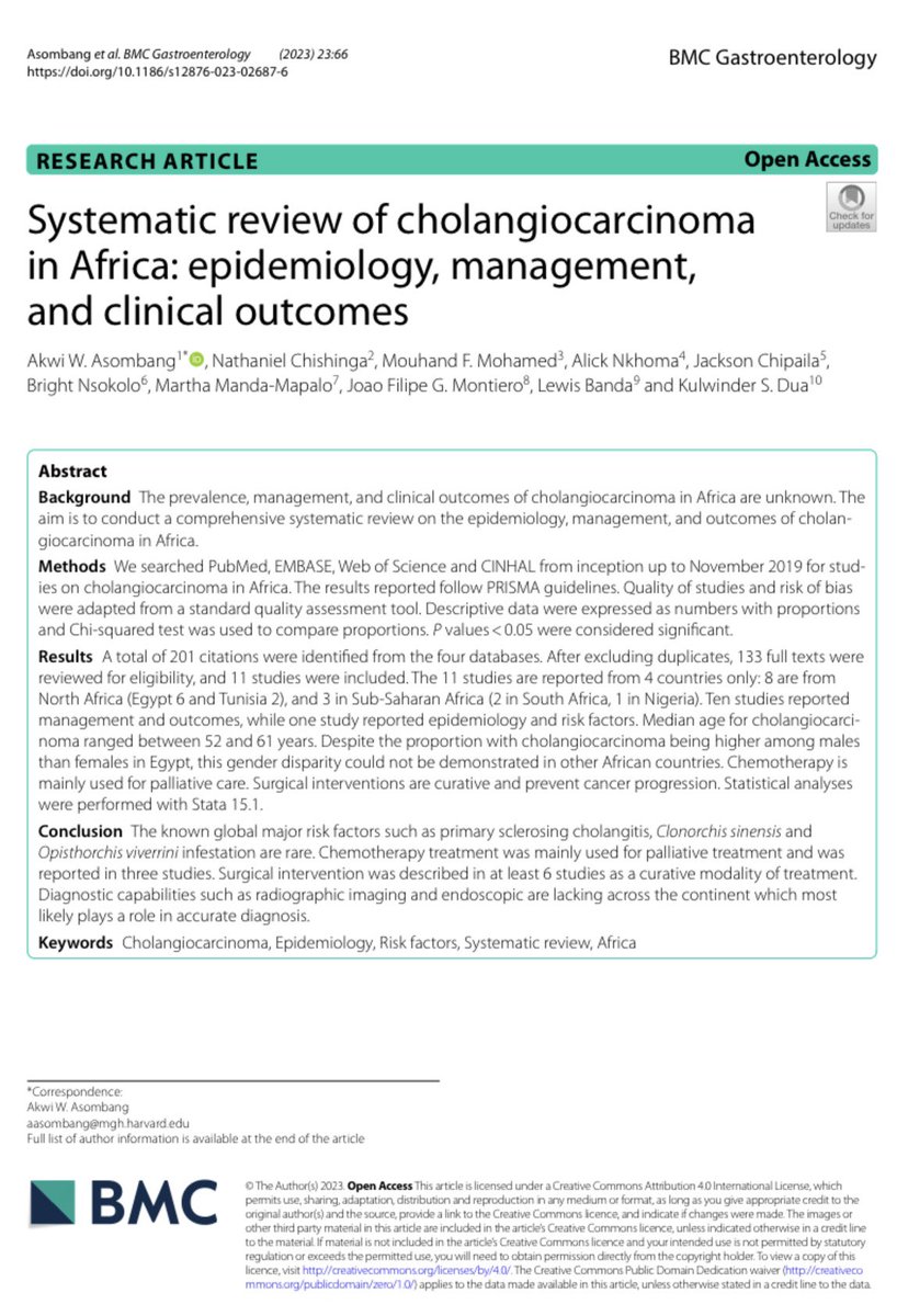 🚨PUBLICATION ALERT 🚨 

🥇The first &amp; only comprehensive review of Cholangiocarcinoma in Africa!

👏🏾Our manuscript has been published in <a href="/BioMedCentral/">BMC</a> (GI)

Article:
rdcu.be/c7o0I

#globalhealth #GItwitter 

📝Most publications: Nigeria, South Africa, Egypt &amp; Tunisia