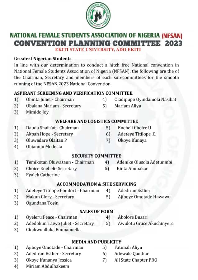 FemaleNational's tweet photo. As we prepare ahead of the NFSAN 2023 National Convention in Ekiti State.
Nigeria Female Students here are the list of the sub-committees and their members to ensure a successful convention in the 'Land of Honor' #Ekiti

#Ekiti2023 
#NfsanConvention https://t.co/e0DopRFglq