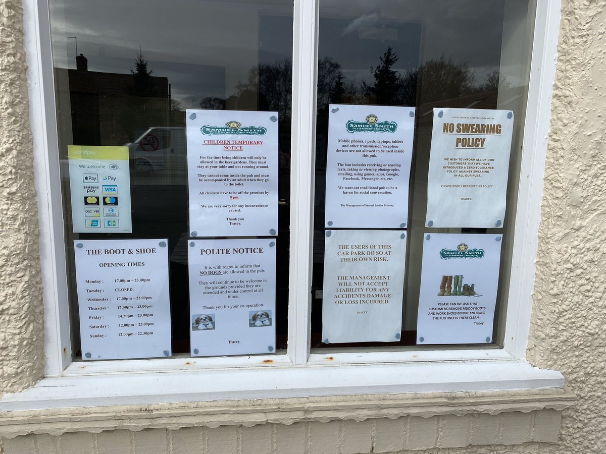leonlen's tweet photo. The full range of Sam Smiths bans on offer here - appears children are now banned ‘temporarily’ #pub https://t.co/S1rckf37YM