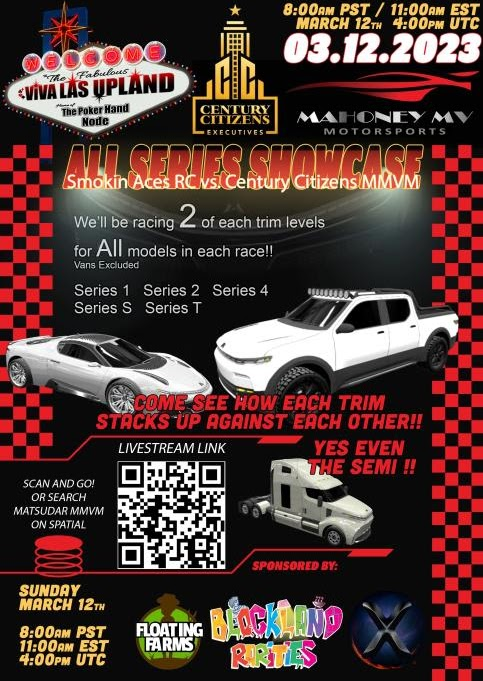PlayUpland's tweet photo. Its race day! 
I'm racing my Series 2R, 4R, and TR representing @CenturyCitizens this morning at 8am PT.
The race will be livestreamed in the @MMVHodlings 3D Live Theatre! 
https://t.co/CLfMYjJ3uJ

#Upland #UplandRacing 
@MetaMotors_NFT @UplandMe https://t.co/enISkDsFVP