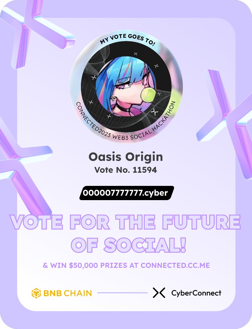 kosai400's tweet photo. Just voted for my favorite project Oasis Origin in #Connected2023, a Web3 Social hackathon by @CyberConnectHQ the social graph protocol &amp; @BNBCHAIN
Join me to vote for a better social and win $50,000-$100,000 prizes!
https://t.co/v3NP90Q4ze
sig:8IeEuZ 
  https://t.co/gfDfSqBv4K https://t.co/GnvCGSzjLU