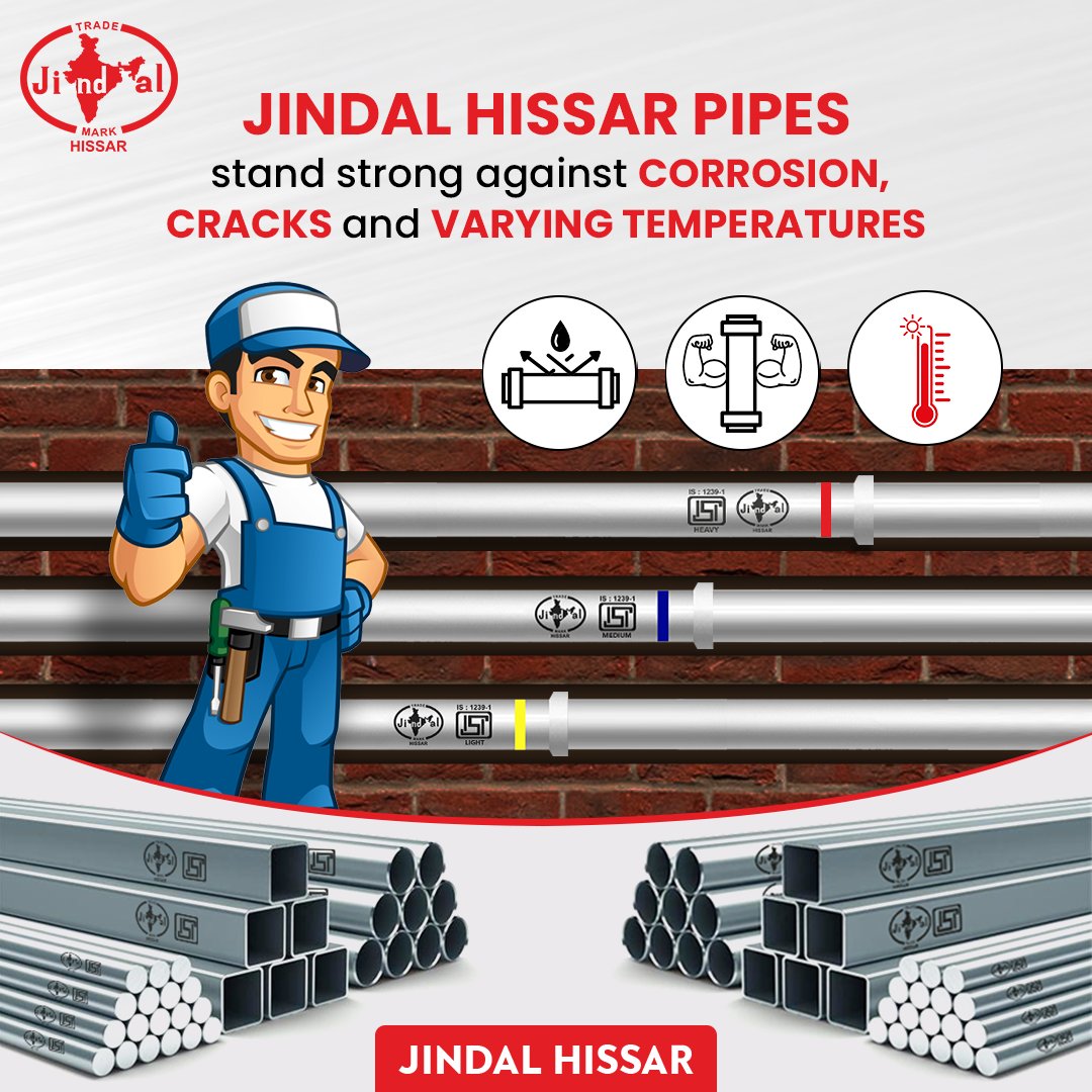 JindalLimited's tweet photo. Jindal Hissar Steel Pipes made to withstand the varying seasons of India.

#JindalHissarPipes #jindalpipes #JindalHissar #jindalsteel #jindalsteeltube #steel #SteelPipe #steeltubes #GIPipes #hollowsection #BlackPipes #erwpipe #BestQuality #choosethebest #steeldistributorindia https://t.co/bZvCNz8aN4
