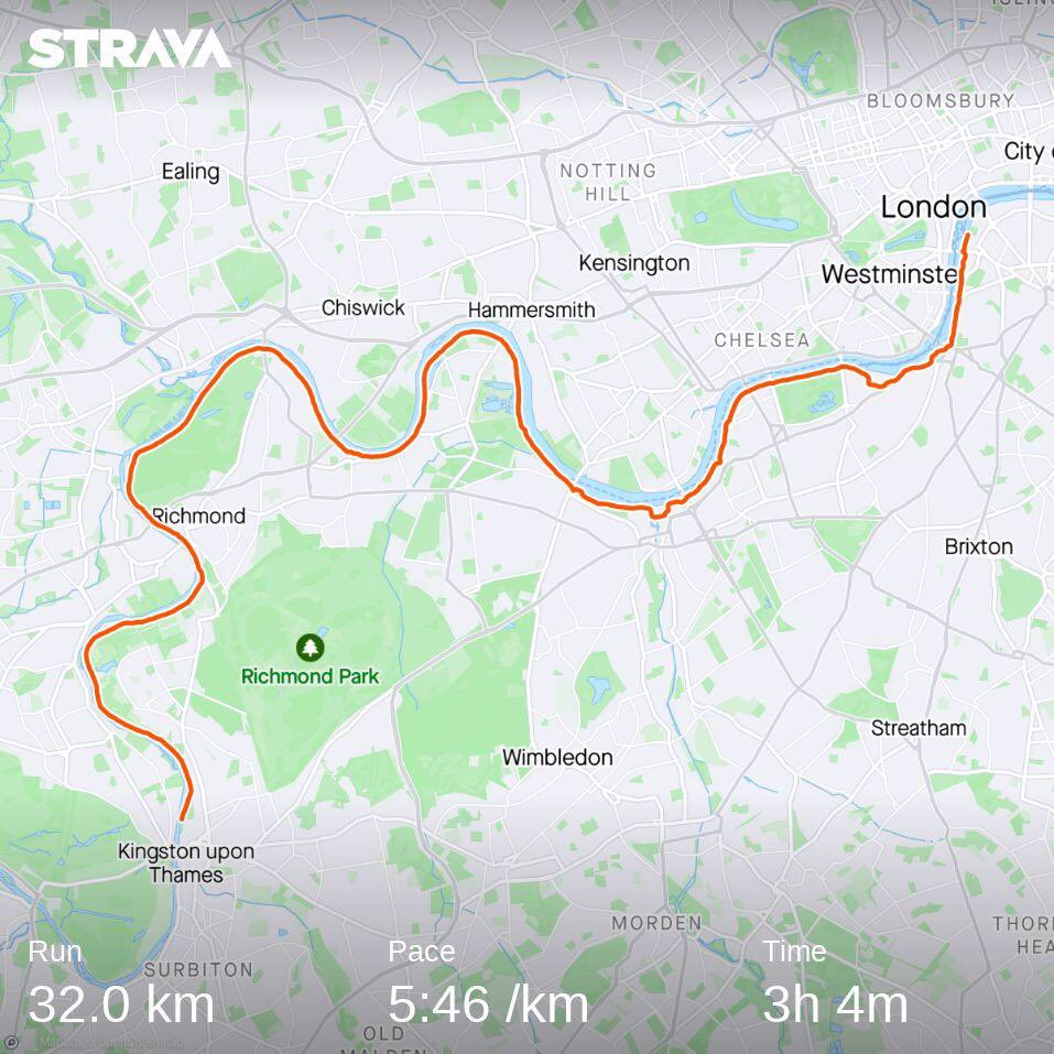 My penultimate long run before the big day ⁦<a href="/LondonMarathon/">TCS London Marathon</a>⁩ ⁦<a href="/GuysCancerC/">Guy's Cancer Charity</a>⁩ ⁦<a href="/GSTTnhs/">Guy's and St Thomas'</a>⁩ 
Please donate via my ⁦<a href="/JustGiving/">JustGiving</a>⁩ page below to support Guy’s Cancer Charity: justgiving.com/fundraising/Ri… 
Check out my run on Strava.
strava.app.link/VNjeAAAR6xb