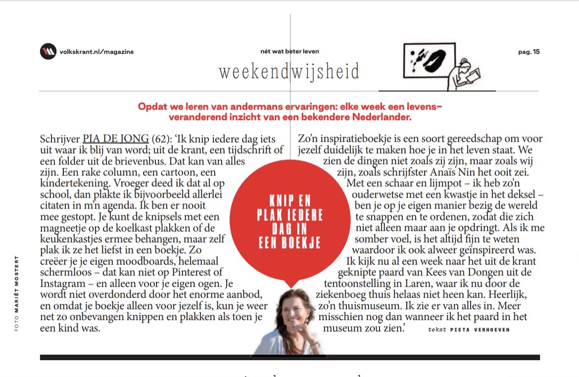 piadejong's tweet photo. Mijn tip voor Weekendwijsheid van de Volkskrant: Knip iedere dag iets uit dat je blij maakt en plak het in een inspiratieboekje. https://t.co/eAXX0wOcnC