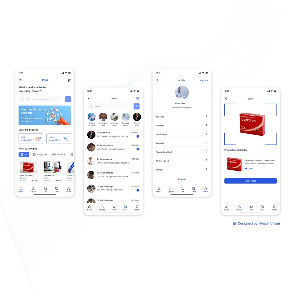 Hello guys🖐
So, I've been working on this case study for weeks, its a drug delivery/ reminder app, that enables users order for drugs, chat with pharmacist and also upload prescriptions.
Here’s a link for the full case study behance:
lnkd.in/d8vabJ8M

#design #uiuxdesign