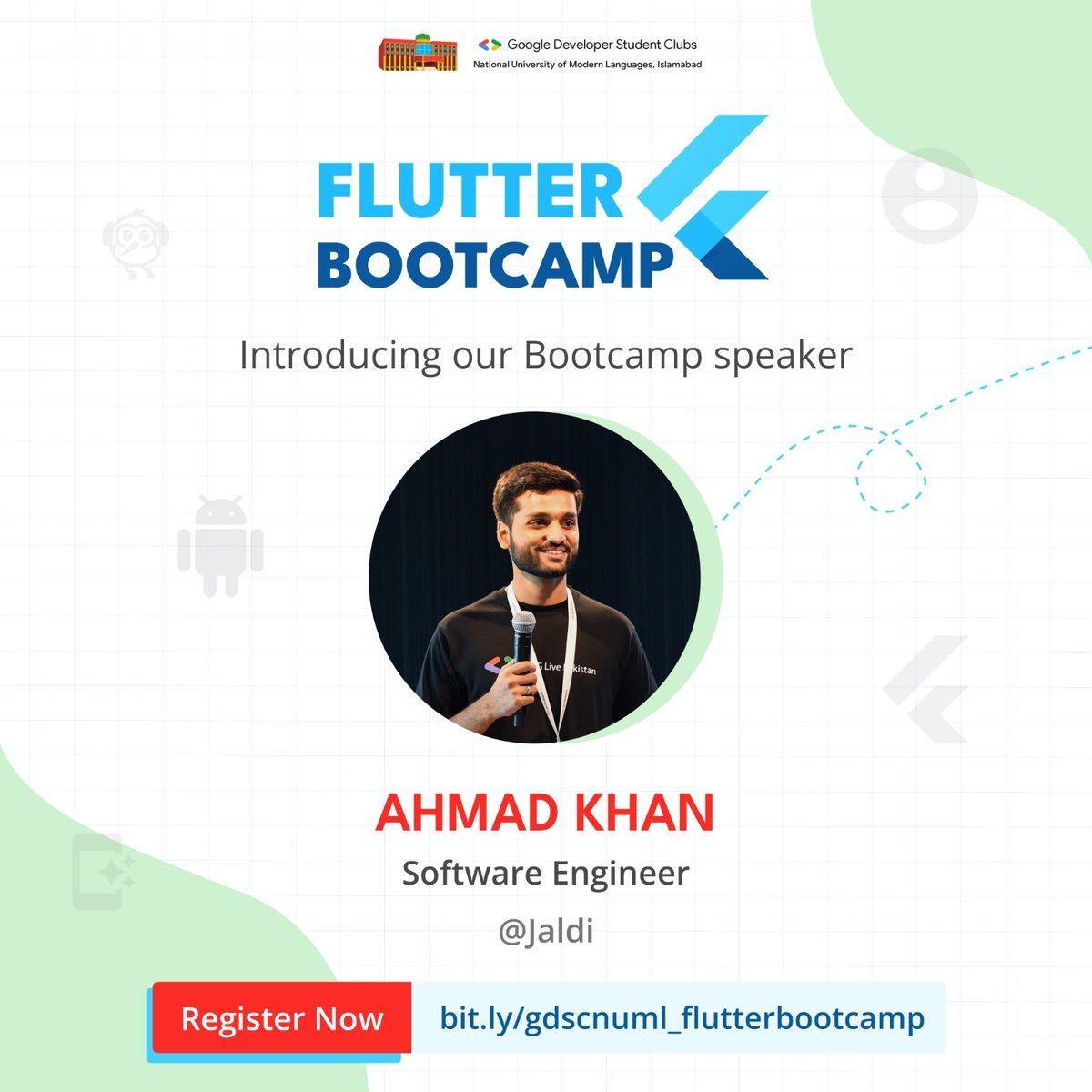 gdscnuml's tweet image. Introducing our fourth speaker of the Flutter Bootcamp! 🤩
Ahmad Khan is currently working as a SWE at Jaldi. He is also the organizer of @GDGLivePakistan as well as @FlutterLahore.🚀
Register Now for the Bootcamp: bit.ly/gdscnuml_flutt…
#flutterbootcamp #gdscnuml
@googledevs