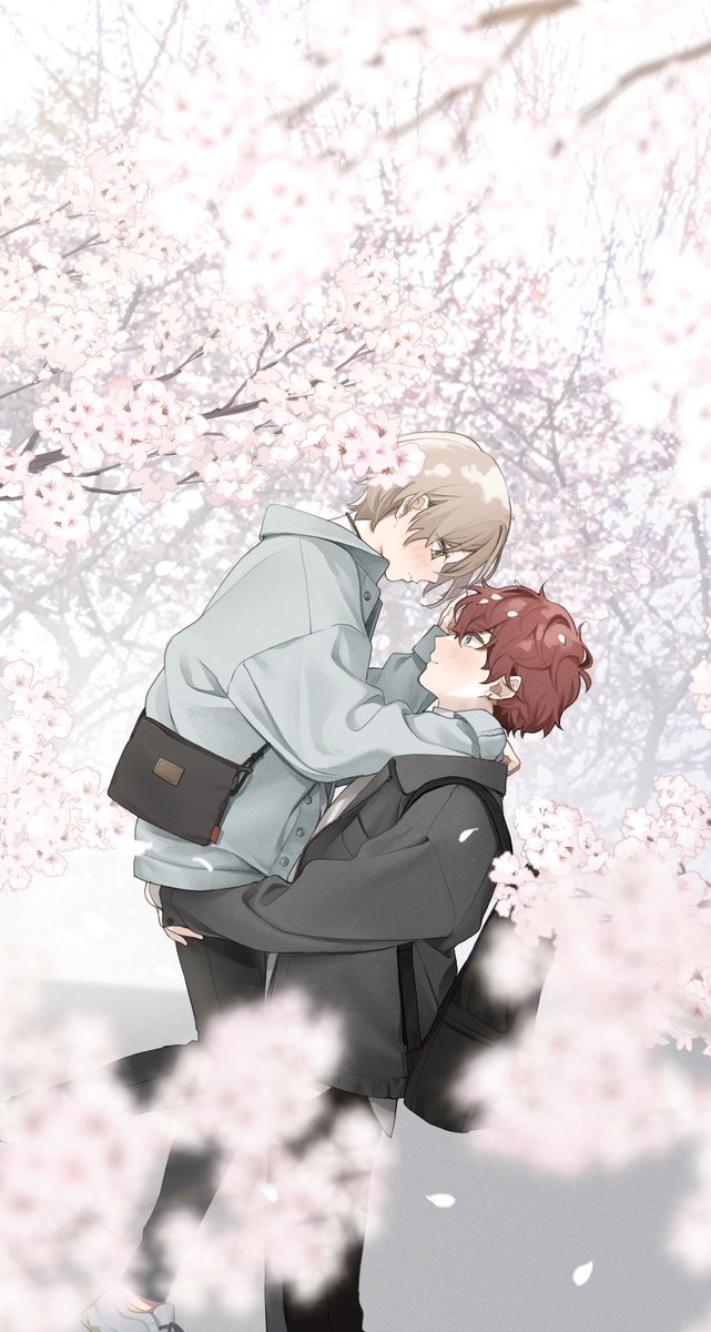 multiple boys 2boys male focus cherry blossoms yaoi bag looking at another  illustration images