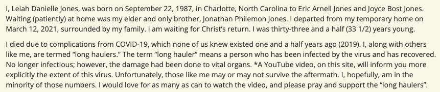 alexjgoldstein's tweet photo. Two years ago today, Leiah Danielle Jones, 33, of Charlotte, North Carolina, died of COVID.
She wrote her own obituary before her passing. I hope you'll take a moment to read it and remember her.
https://t.co/0LyTmuKk46 https://t.co/f51scYIYIE