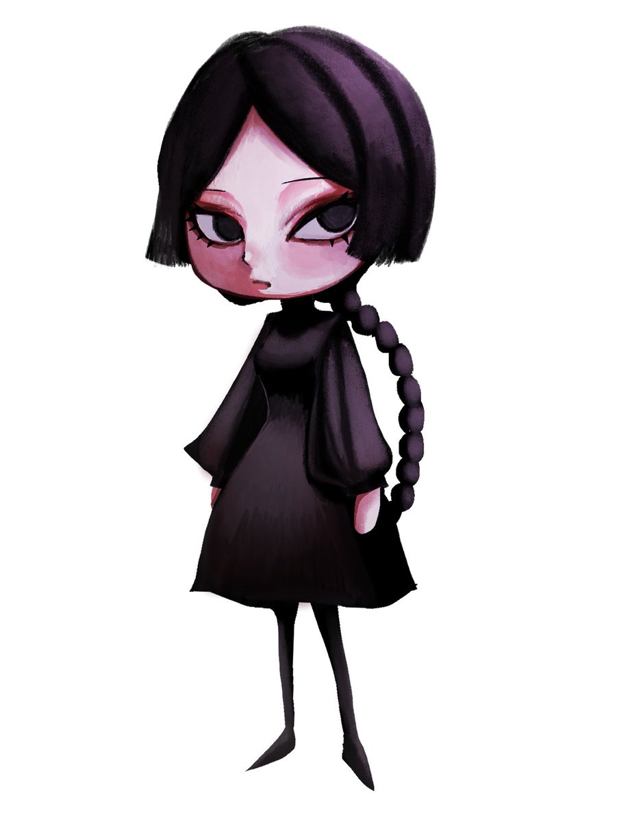 1girl solo braid dress black dress black hair white background  illustration images