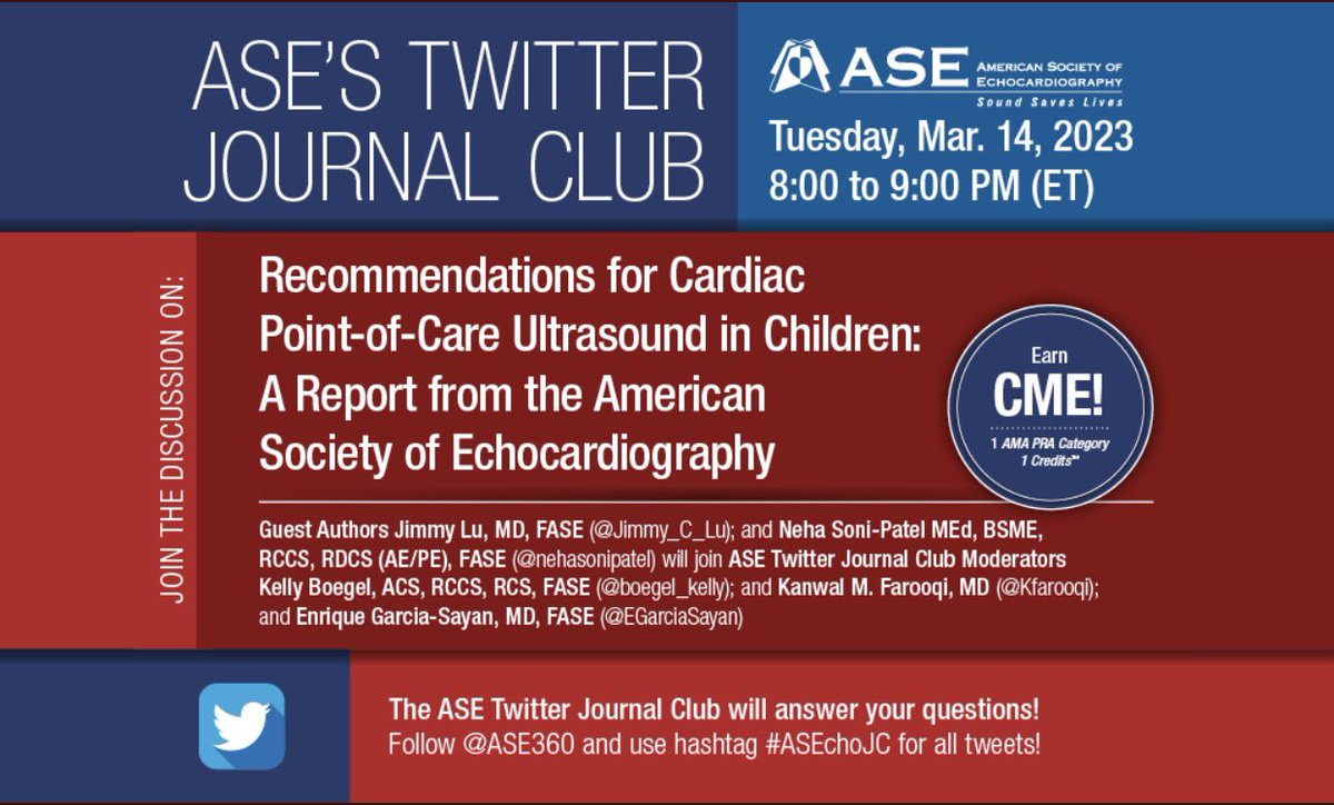 🤔 What is pediatric #POCUS? What can it be used for? Should it be used to diagnose #CHD ⁉️ SO many questions Get answers 👉 this Wed @8pm EST at the #ASEchoJC. Moderated by me, @boegel_kelly & @EGarciaSayan Guests @Jimmy_C_Lu @nehasonipatel Register 👉 bit.ly/3Z0lC1K