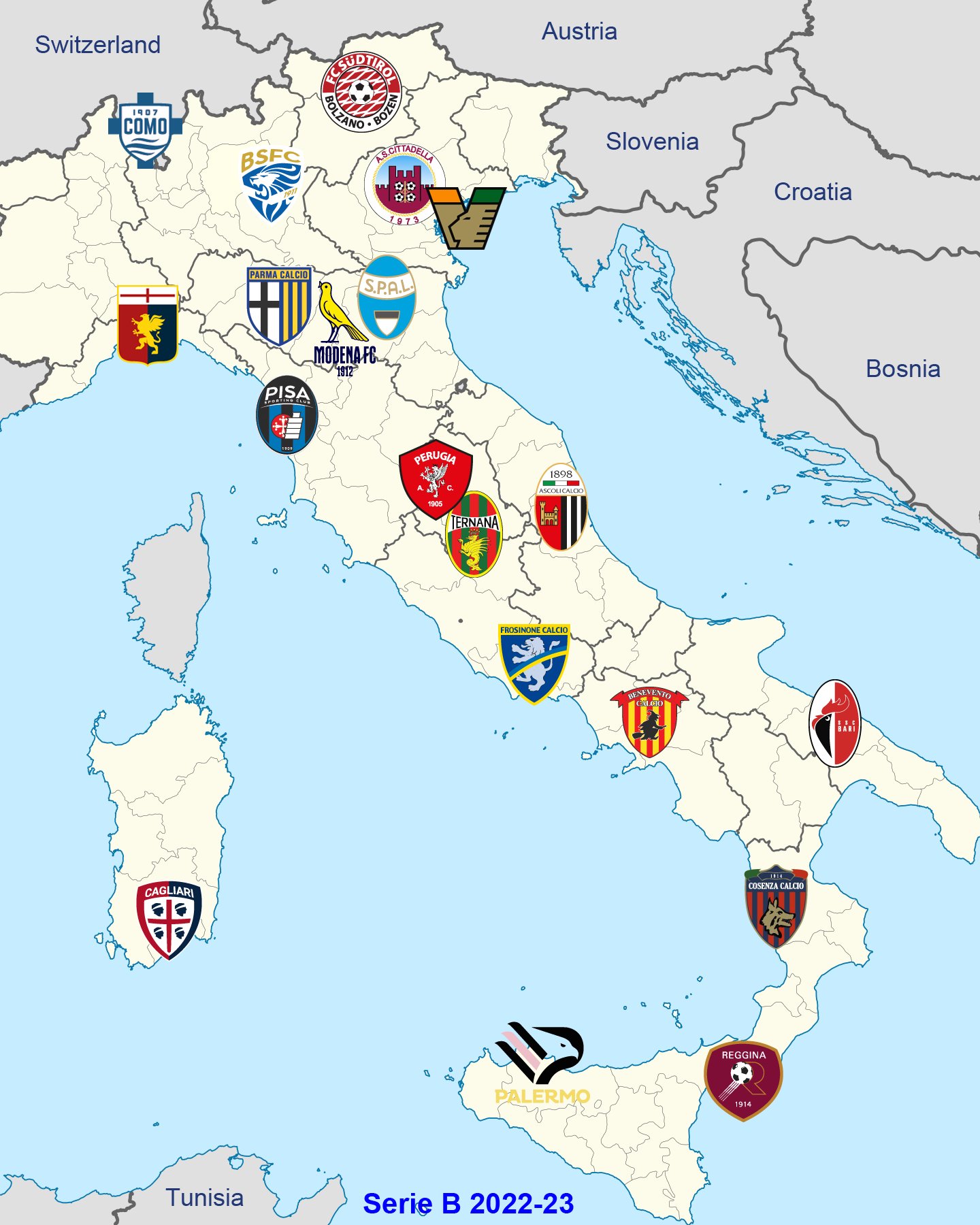 Map of Serie B teams for the 2023/24 season : r/Calcio