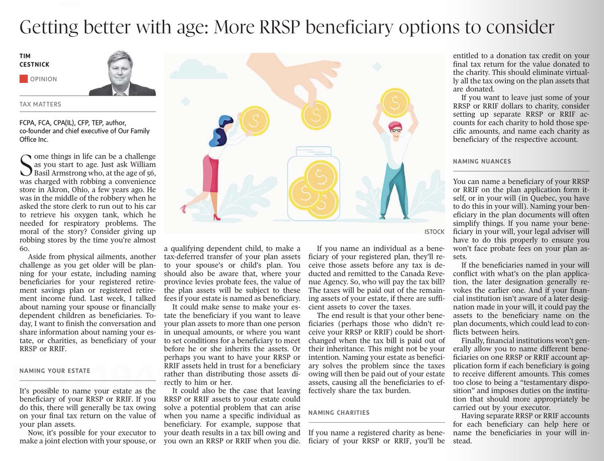 Thank you <a href="/TimCestnick/">Tim Cestnick</a> for sharing how Canadians CAN leave a charity as beneficiary of an #RRSP or #RRIF in <a href="/globeandmail/">The Globe and Mail</a> theglobeandmail.com/investing/pers…