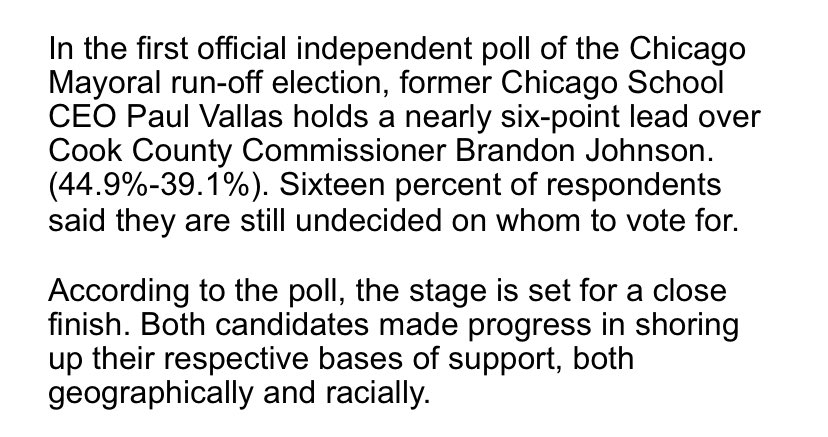 New Mayor Runoff Poll: Vallas 45% Johnson 39% Undecided 16% Victory Research #ChiMayor23
