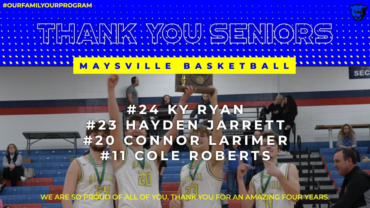Maysville_Bball's tweet photo. We want to thank our seniors for all of their hard work and dedication to the program! This is unbelievable group of people who etched their names into Maysville Basketball history with a school record 24 wins, an MVL Title (1st in 27 yrs), and a District Title (1st in 15 yrs). https://t.co/9VdsD7kU8O