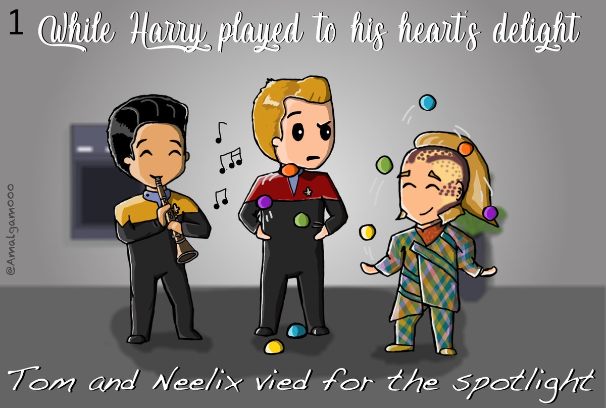 Amalgam000_JC's tweet photo. T’was talent night on #Voyager... 😆
Did I include a limerick? Why yes, yes I did 😏 (Enlarge the pics to read...) Thank/blame #TheDeltaFlyers for that! 😋 Hehe...
#IfIMissIGetToBeCaptain #Voyagerfanart #StarTrekVoyager #CartoonVoyager #CreativeProcrastination #Coda #JCfanart https://t.co/0hH1SvcbLe