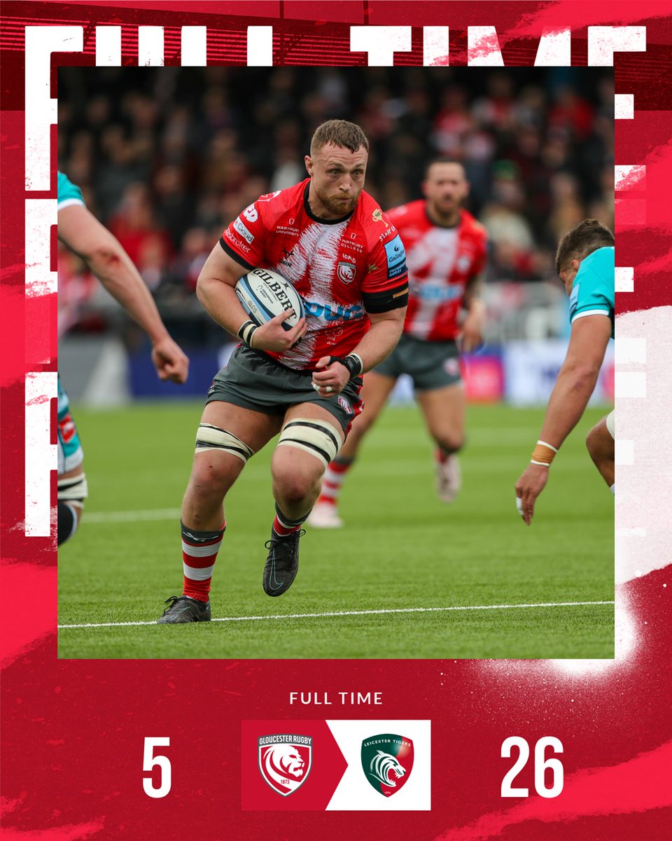 Full time at Kingsholm.

Thank you for your support this afternoon. 

🍒 5 - 26 🐯  // #GLOvLEI

#TheSlaterCup | #4Ed