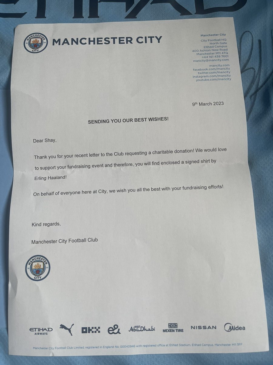 ShaysTriathlon's tweet photo. Massive Thank You @ManCity for sending shay a @ErlingHaaland shirt to raise money for @BluebellWoodCH 

Please DM to make an offer 

Every penny from this auction to the hospice and it will help the children and the families 

Thank You https://t.co/m6KNmA1fyP