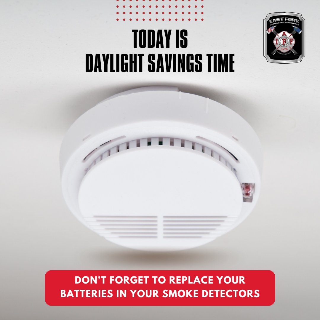 EFPFirefighters's tweet photo. Daylight Savings Time – don’t forget to “spring” your clocks forward an hour. And after you’re done with that, replace your batteries in your smoke detectors! https://t.co/ETnDKNKjJw