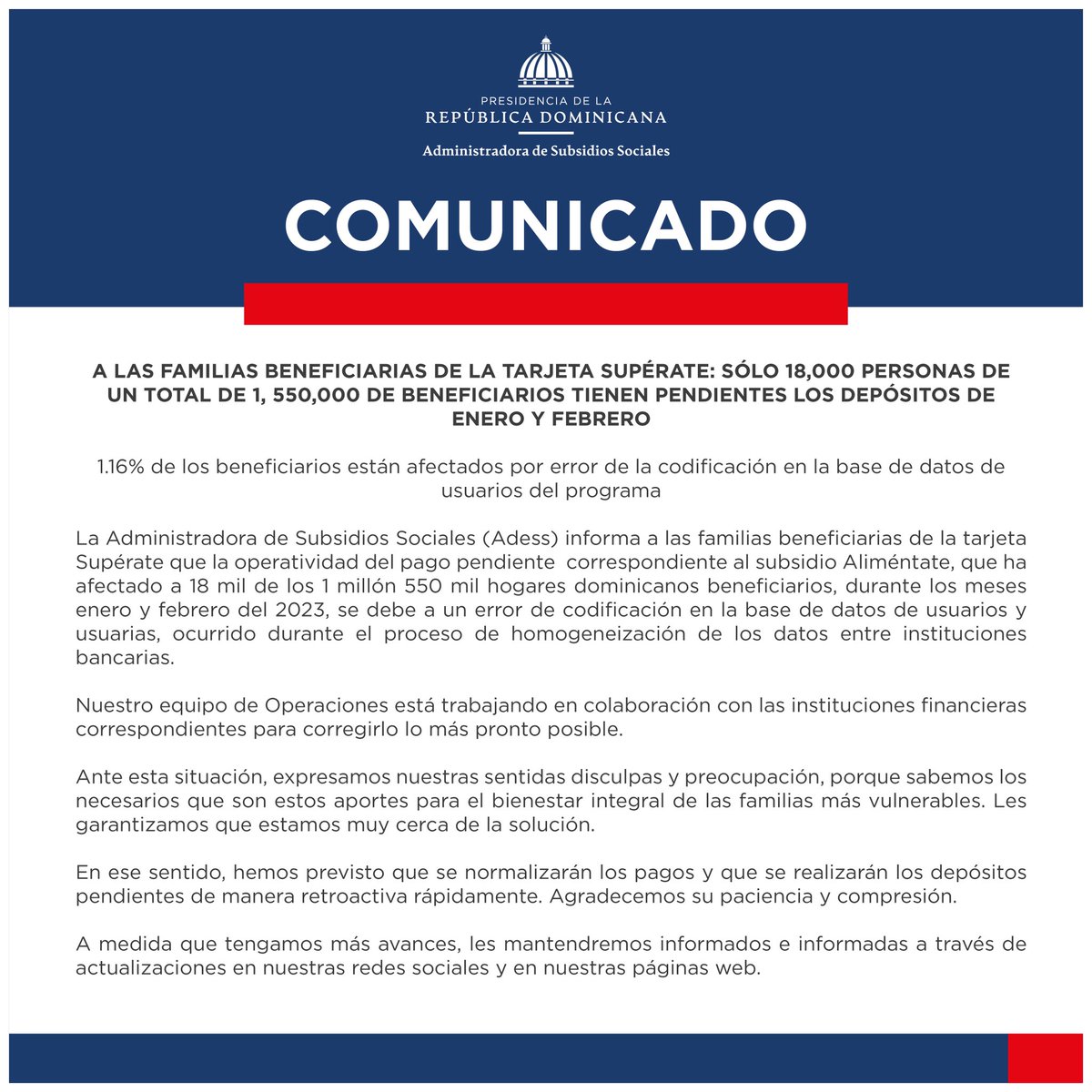 #ADESSINFORMA que sólo 1.16% de las familias beneficiarias del subsidio Aliméntate están afectadas por error en base datos del programa, o sea, 18 mil de 1 millón 550 mil personas afiliadas.
#AdessEsTransparenteInclusivayResponsable
