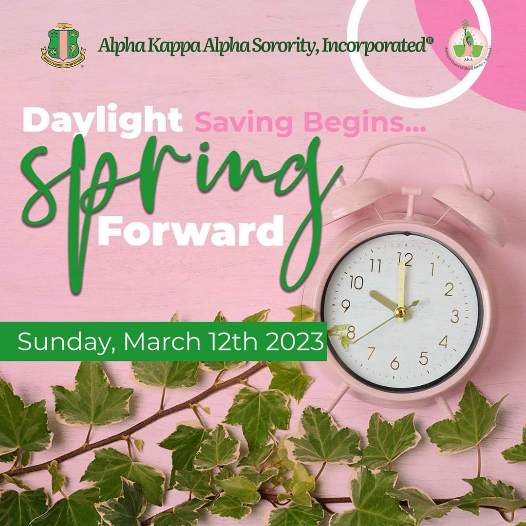 ABPhiO's tweet photo. A Sisterly reminder to set your clocks today!💗💚#SpringForward #SoaringWithAKA #AKA1908 https://t.co/4bJd1R3Hb9