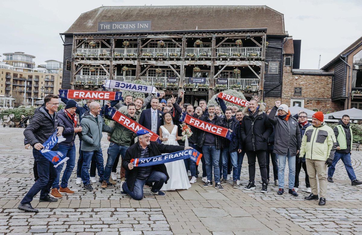 BrucePhotograph's tweet photo. French Rugby Fans behaving impeccably and wishing Newly Weds a good day. They were happy even before trouncing the English. #6nations #rugby #france #frenchrugby #twickenham #englishrugby #wedding #weddingphotography https://t.co/eiWtAb9Iwm