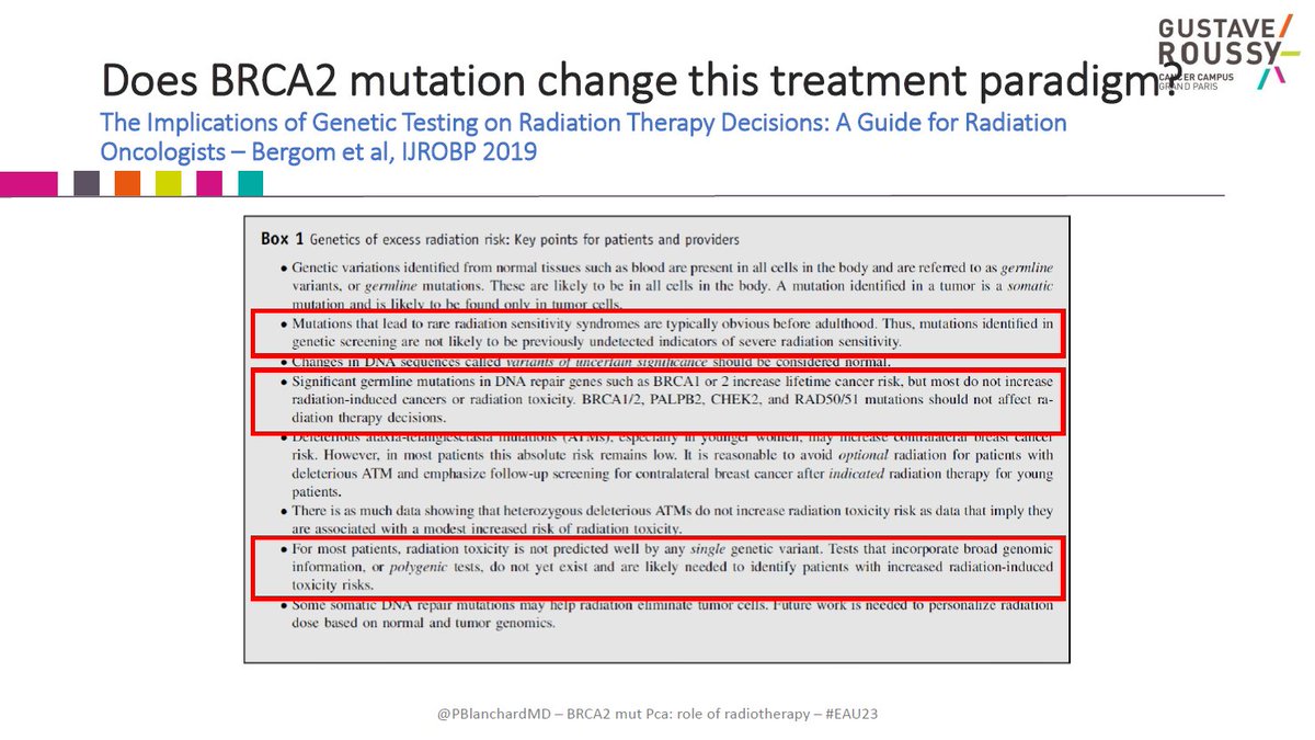 2. BRCA2 mutation should not change treatment paradigm Ccl: - Unproven benefit of upfront surgery in very high risk/N1 pts - Current evidence supports safety/efficacy of RT in BRCA2 mutation carriers - Intensified systemic therapy key w/ RT as prognostic likely metastatic here