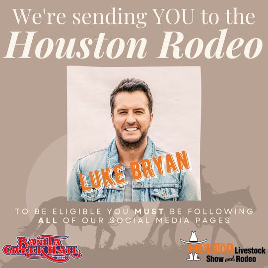 Winners for day 19 have been chosen and notified! Let’s start the LAST DAT for LUKE BRYAN! 

It’s almost rodeo time in Houston 🤠 and Banita Creek Hall wants to send you and a friend to see some awesome concerts‼️‼️‼️

All you’ll have to do is:

👍🏼-Like this post 
🐎-RT this post