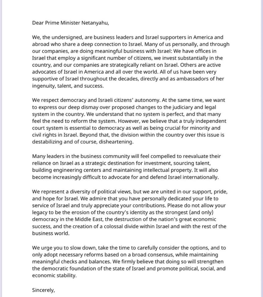 #Breaking: 255 US Jewish business leaders, with billions of dollars in Israel, warn Netanyahu they will halt Israel investments if he pursues his régime change plan. Among them: Gene Ludwig, Jeff Feig, Tom Glocer, former Treasury Undersecretary Jeffrey Goldstein. <a href="/AmalyaDuek/">עמליה דואק</a>