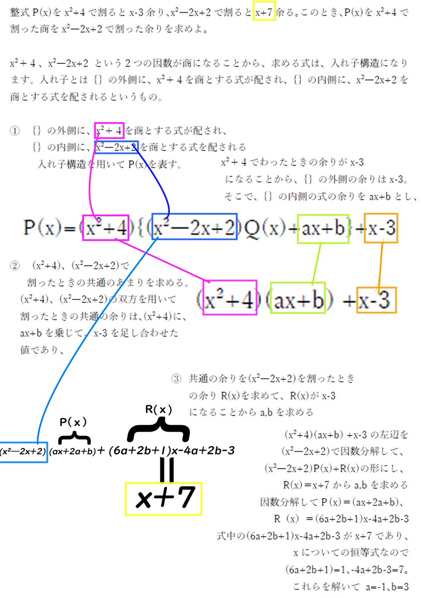 deadlinear2011's tweet image. #因数分解 #factorization　
#高校数学　#数学１#　大学受験
#WorldA_RT　#みんなで楽しむTwitter展覧会
#芸術同盟　#理系　#勉強垢 #受験勉強　
#マクロスフロンティア　#マクロスＦ
#シェリル・ノーム　#MacrossF　#Cheryl
#アーマードバルキリー
ふたつの因数で割るときの余り問題を解説します。