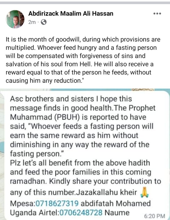 Brothers and sisters from the Islamic faith, let's mob up resources to cater for iftar and sahur for the needy and poor. Let's share the little we have.
JazakAllah kheir.
<a href="/ibrahabdi/">Ibrahim Abdi Hussein✍</a> <a href="/abuamir2004/">Ibrahim Abdiaziz, MBA, BA. UoN</a> <a href="/Kipchumba786/">Kipchumba WANTAM</a>