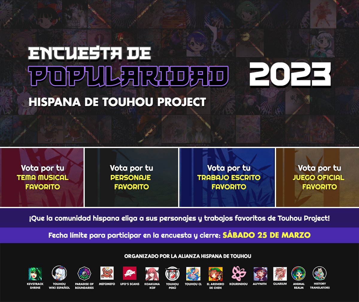 ¡La Alianza Hispana presenta la quinta Encuesta de Popularidad Hispana de Touhou! 

Vota por tus personajes, juegos, trabajos escritos y música favorita de la saga, ¡tienes hasta el 25 de Marzo!

Los resultados se publicarán el Domingo 26 de Marzo.
es.touhouwiki.net/wiki/Touhou_Wi…