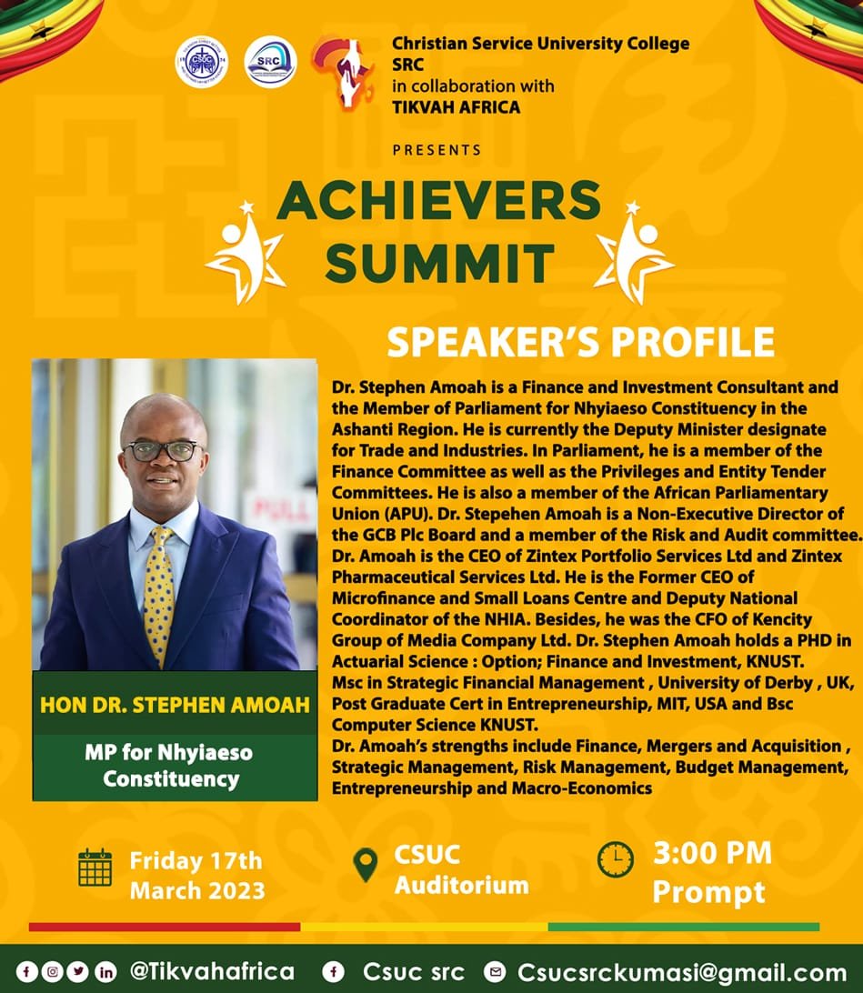 TikvahAfrica's tweet photo. You can miss the Achievers Summit that is happening live at the Christian Service University College at 3pm prompt.

Organised By Tikvah Africa.

Introducing our Keynote speakers, we had no other than Hon. Dr. Stephen Amoah.
Are you ready to learn?
#tikvahafrica 
#AchieversSummit https://t.co/kfgGhO3NKU