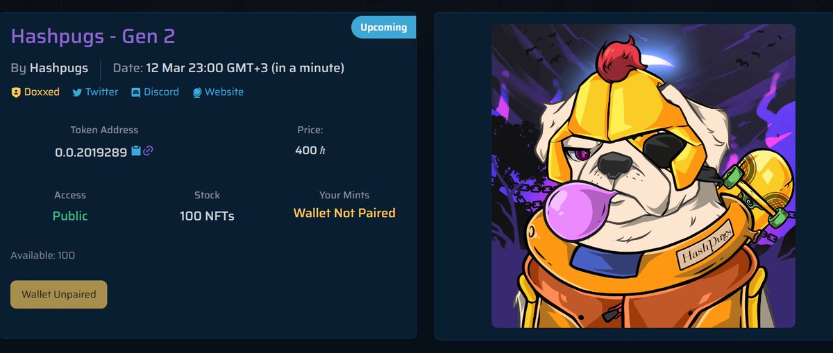 The MINT IS LIVE!! GO GET YOUR PUG AT :- hederasentient.com/launchpad/hash… 

The pugs are here! 🐶🦴🦴🦴

#HederaNFTs #HBARNFT #HBARbarians #HBARNFTs