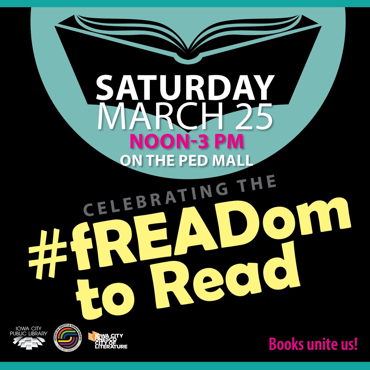 ICPL's tweet photo. Celebrate the #fREADdom to read with us on Saturday, March 25 from noon to 3 p.m. on the Ped Mall! Learn about current and historical attempts to censor books in libraries and schools, and enjoy live music, crafts, book readings and more. Books unite us! https://t.co/s9a7gCYkZP https://t.co/mXXfNWcDhT