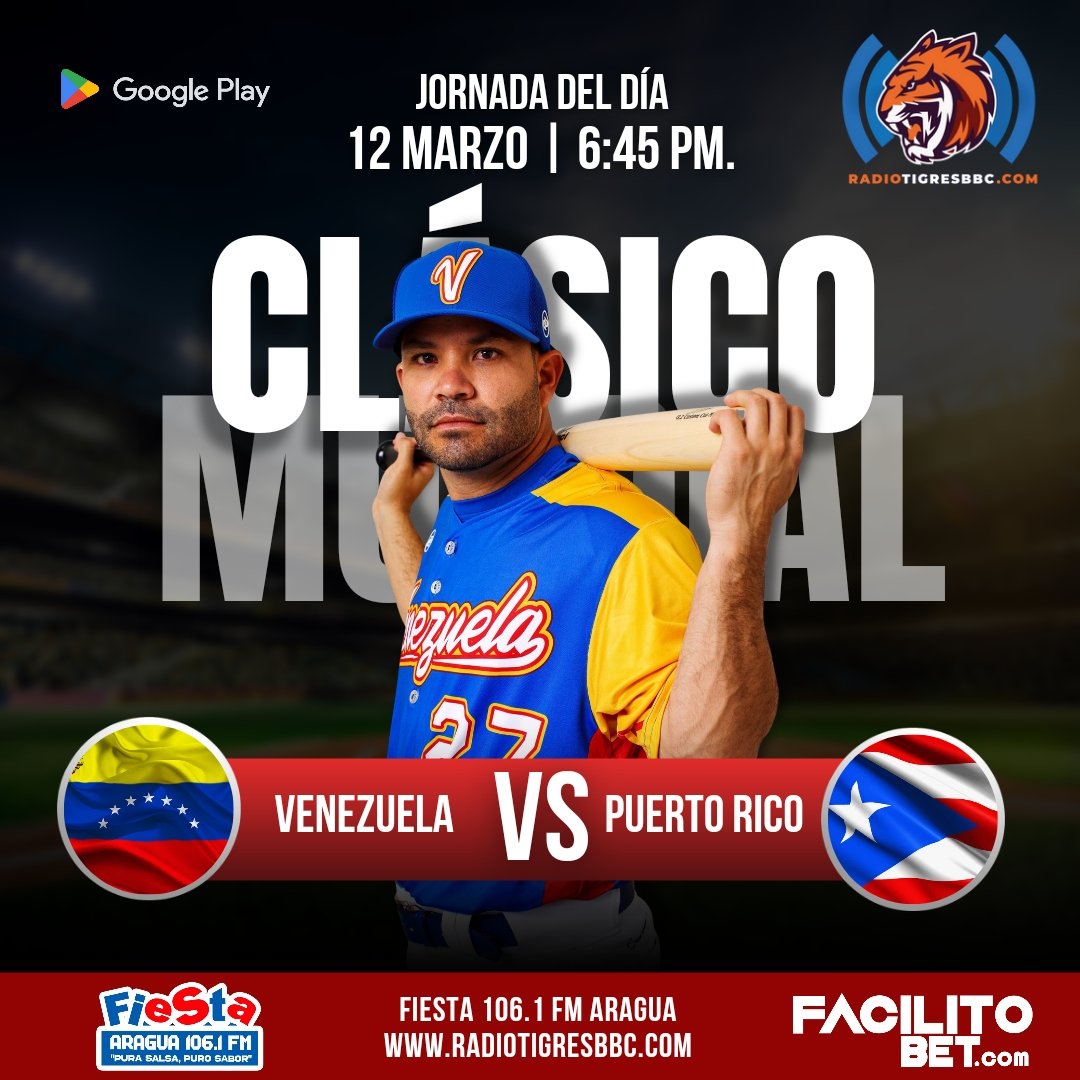 Hoy Vamos con el segundo juego de #Venezuela desde las 6:45 PM con los nuestros <a href="/TeamBeisbolVe/">Team Beisbol Venezuela</a> ante #PuertoRico del <a href="/WBCBaseball/">World Baseball Classic</a> por Fiesta 106.1 FM en #Aragua y <a href="/radiotigresbbc/">Radio Tigres Broadcast Best Channel</a> para todo el 🌍 por radiotigresbbc.com y nuestra App play.google.com/store/apps/det…
