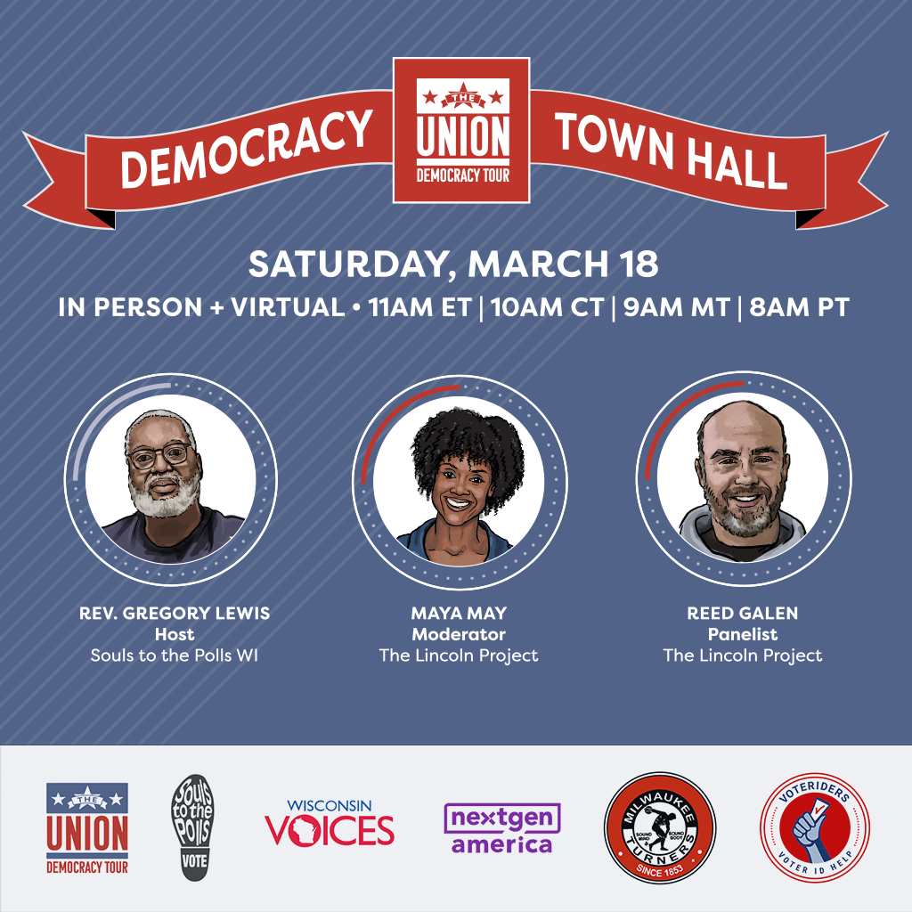 JoinTheUnionNH's tweet image. Let's talk about defending democracy in the #WISupremeCourt election!

#JoinTheUnionUS for a live, in-person #DemocracyTownHall hosted by @polls_souls Rev. Lewis, &amp;amp; moderated by @ProjectLincoln's @mayaonstage &amp;amp; @reedgalen. Get inspired to help court pro-democracy voters!