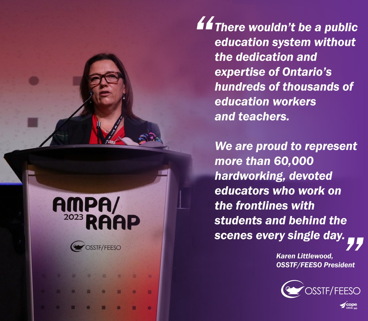 At #AMPA2023, Pres @karenosstf reflected on the vibrant & passionate #OSSTF/FEESO community who make education possible in Ontario!

Thanks to all 60,000+ OSSTF/FEESO Members, who work in JK to University, for everything you do for students! #OntEd #ProPublicEd #HereForStudents