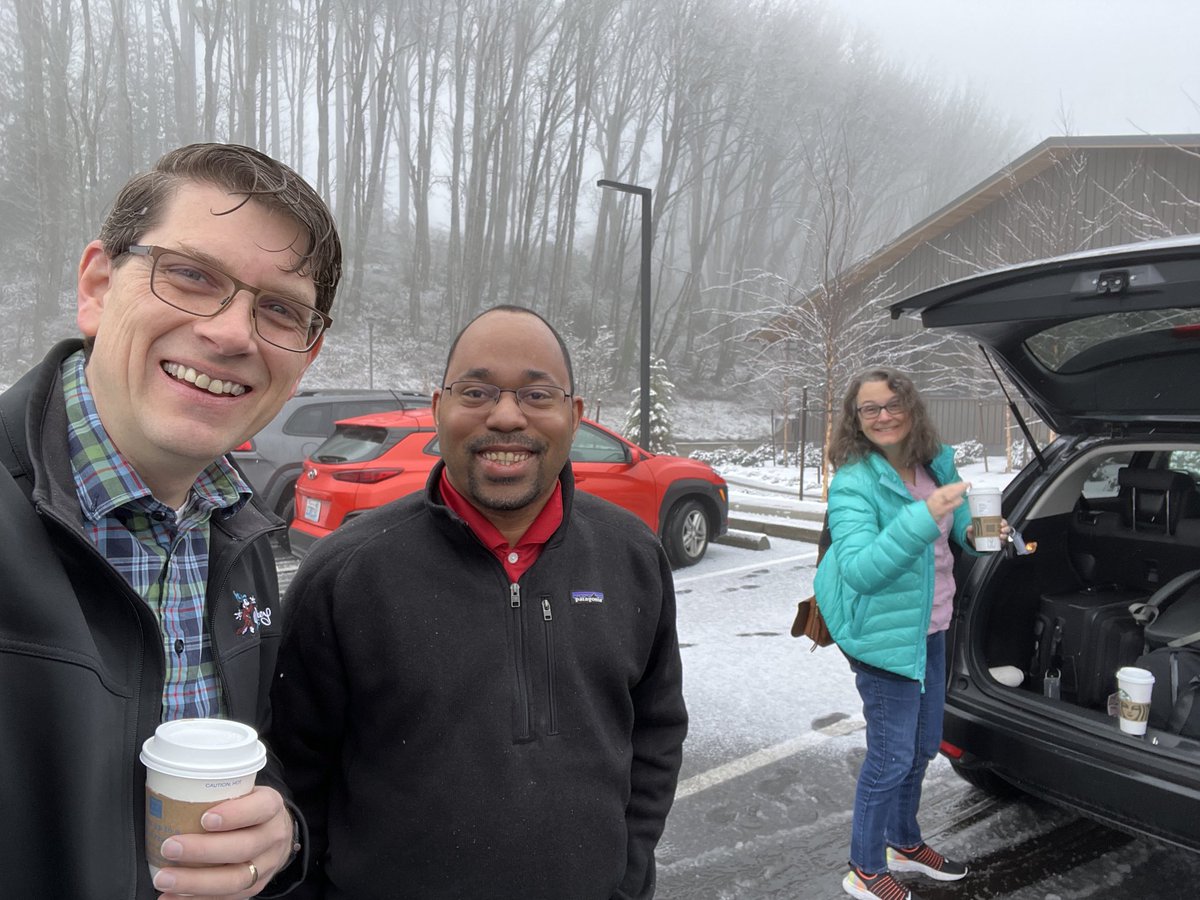 jasonacox's tweet photo. It was a blast spending time with ⁦@brainscott⁩ ⁦@RosalindRad⁩ and the rest of the ⁦DevOps Avengers⁩ in snowy Portland, Oregon last week! ☃️ Yes we were about to build a snowman… with full automation and small batch sizes… and SREbucks coffee 😂 https://t.co/wkUoX77w2g