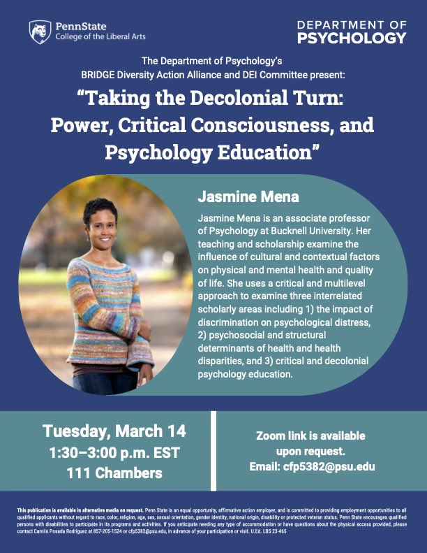 bridgepennstate's tweet photo. Check out this talk by Dr. Jasmine Mena on Tuesday, March 14! https://t.co/Xd4Vm19NYE