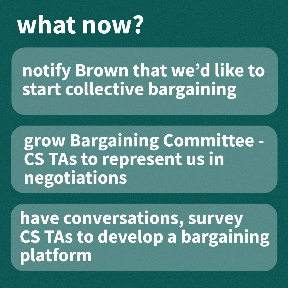 talabororg's tweet photo. we won our election (woo!) but we're not done organizing! it's time to think about what we need from a contract and prepare to bargain with Brown 🤔🤝

if you're a CS TA and interested in joining the bargaining committee email us at: talabororg@gmail.com https://t.co/IH41DvS0wS