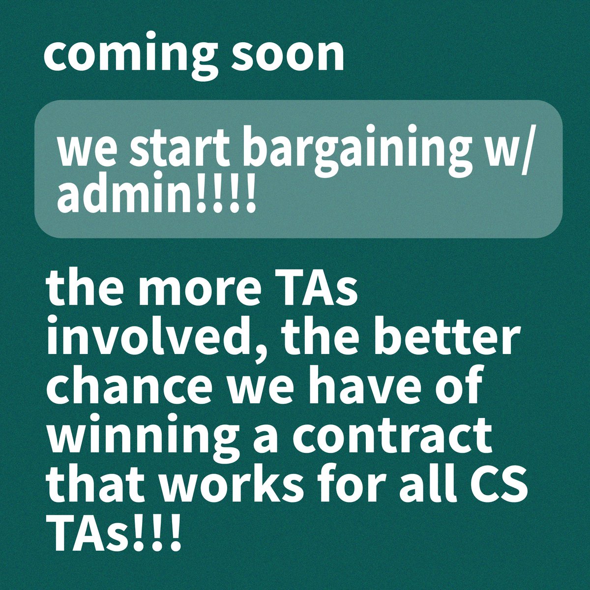 talabororg's tweet photo. we won our election (woo!) but we're not done organizing! it's time to think about what we need from a contract and prepare to bargain with Brown 🤔🤝

if you're a CS TA and interested in joining the bargaining committee email us at: talabororg@gmail.com https://t.co/IH41DvS0wS