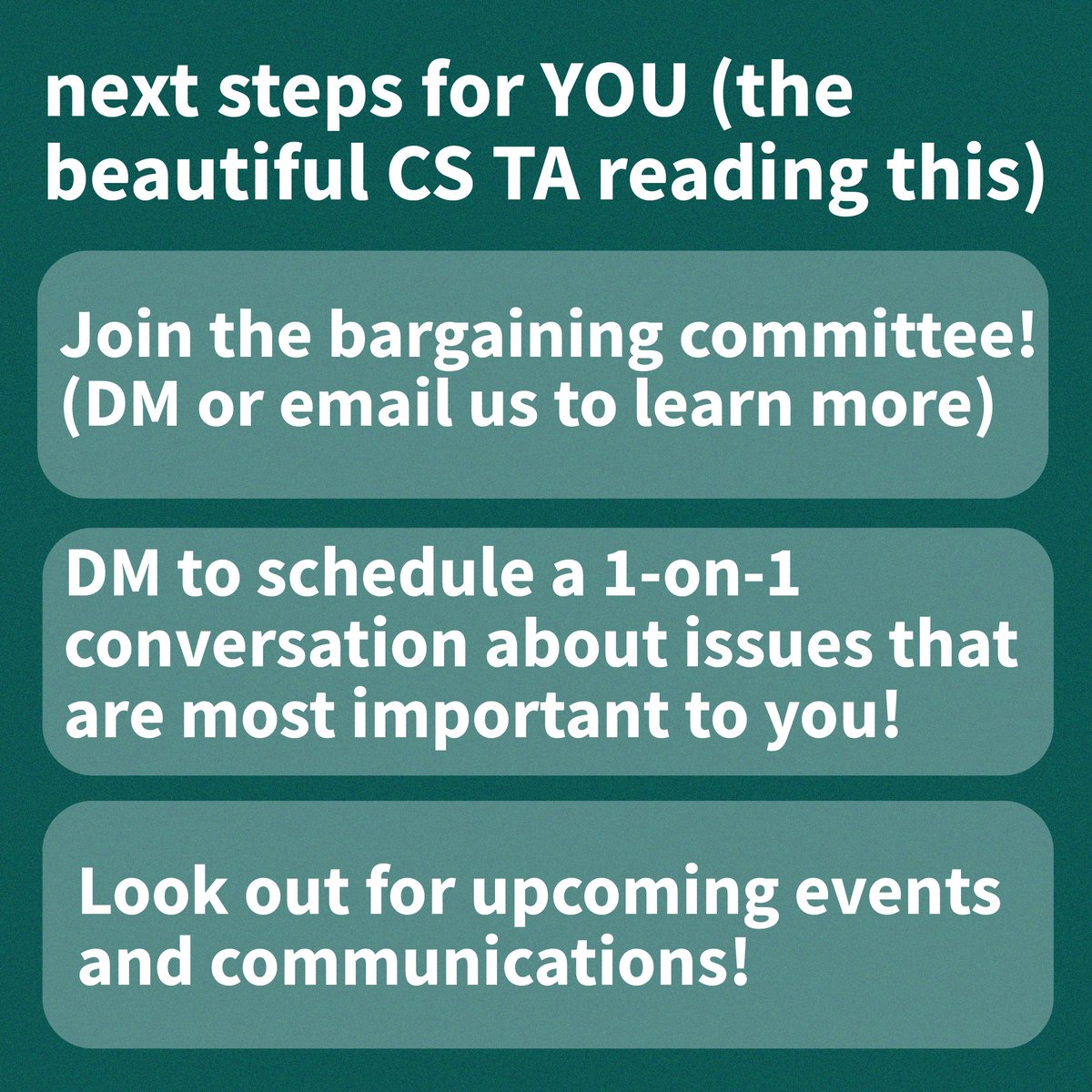 talabororg's tweet photo. we won our election (woo!) but we're not done organizing! it's time to think about what we need from a contract and prepare to bargain with Brown 🤔🤝

if you're a CS TA and interested in joining the bargaining committee email us at: talabororg@gmail.com https://t.co/IH41DvS0wS