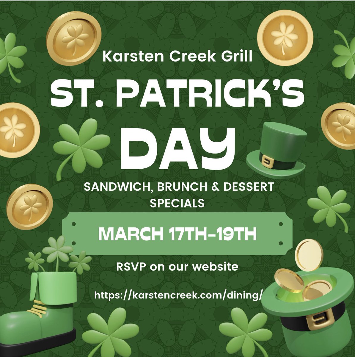 karstengrill's tweet photo. You’re in luck!! Karsten Creek will be having some fun St. Patrick’s Day specials ⛳️ RSVP at https://t.co/4AxqB5jtMG https://t.co/gV3PXWvqOx