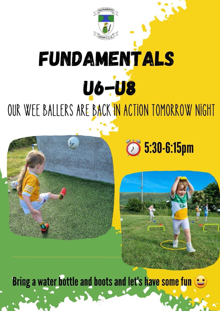 FUNdamentals LGFA U6-U8

We being our sessions for the littlest ladies tomorrow at 5:30 - 6:15pm.

The girls should bring a water bottle, and boots! 😀

Parents will need to fill in a wee form before training with contact details etc. Can't wait to see you all tomorrow

🟢🏐🟡