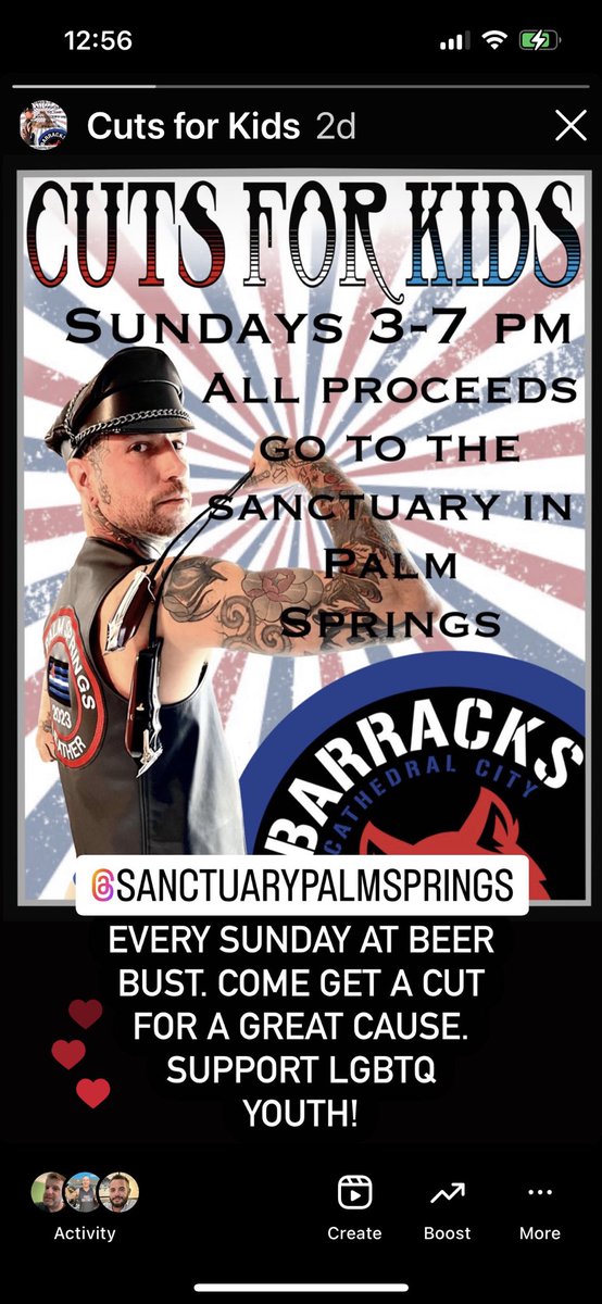 TheBarracksPS's tweet photo. Come join in the fun today! Sunday Beer Bust starting at 2pm! 

Get a haircut by @RyanSebastianX and help  support LGBTQ youth at Sanctuary Palm Springs. 

Music by DJ BRD

Plus Bootblack René
@Buck_Harder 

#sundayfunday #barracksbar #leatherbar 

Photo by @GaydianPhotos https://t.co/eLcMVkH3wB