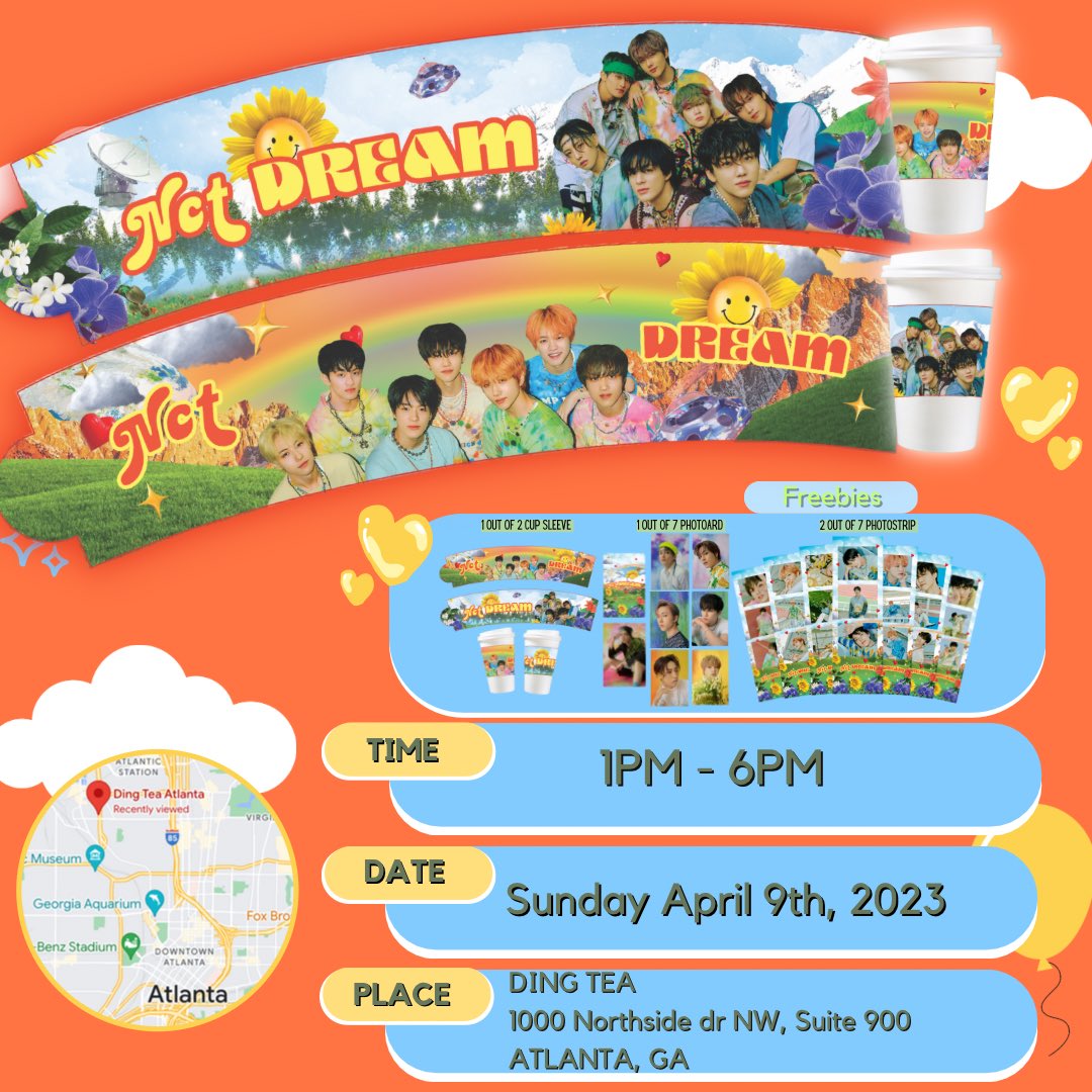 ayooin's tweet photo. TDS2
NCT DREAM🧡- CupSleeve event in
ATLANTA✨

place:
DING TEA 
1000 Northside DR NW, Suite 900 Atlanta, GA (concert day)

time:
01:00PM - 06:00PM

date:
SUNDAY April 9th, 2023 (concert day)

form participant:
https://t.co/NbFjpF3xlO

form Donation Tier:
https://t.co/GbG95CgE3l https://t.co/anEwQbL2tz