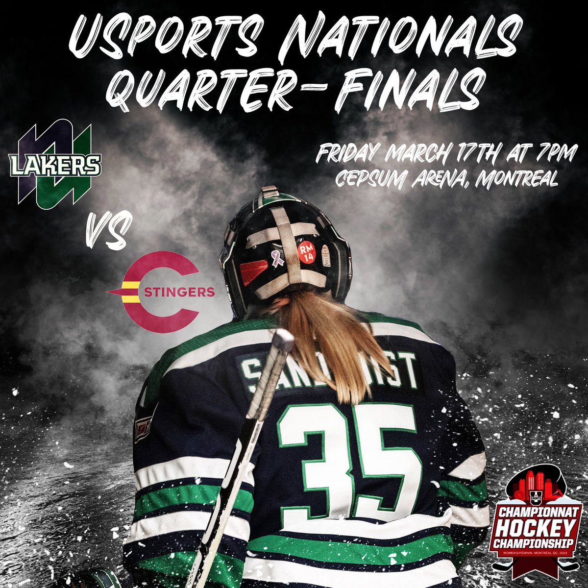 The stage is set for the 2023 USPORTS National Championship! We face-off with the Concordia Stingers in the quarter-finals on Friday at 7pm CEPSUM Arena, Montreal 

You can catch all of the action live on CBC Sports