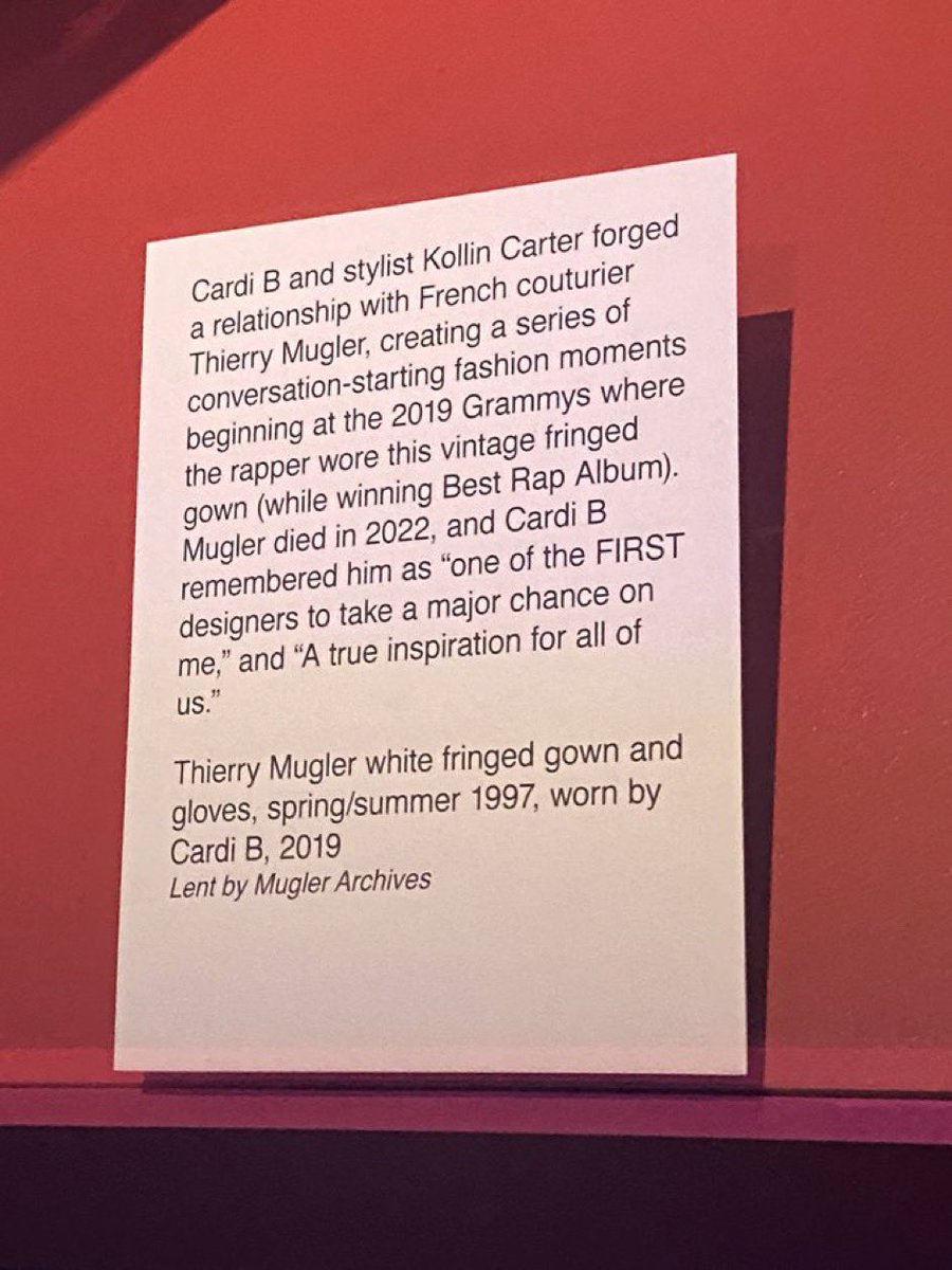 Cardi B’s 2019 archival Mugler gown is currently being showcased at the MFIT’s exhibit in New York celebrating 50 years of hip hop fashion.