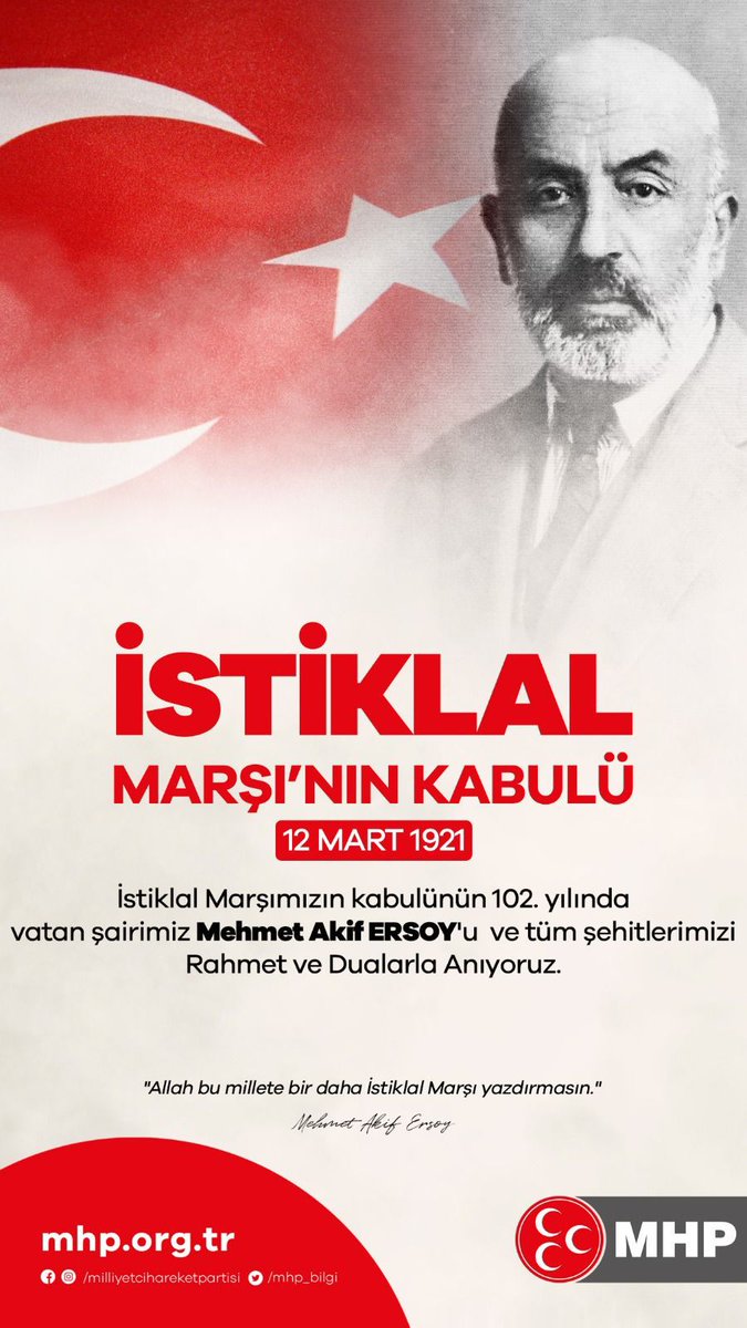 İstiklal Marşımızın kabulünün 102. yılında vatan şairimiz Mehmet Akif ERSOY'u ve tüm şehitlerimizi Rahmet ve Dualarla Anıyoruz.
