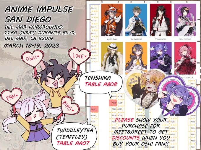 ARE YOU READY TO CHEER FOR YOUR OSHIS???

@twiddleytea got the NIJIGAL FANS at Table AA07!!
..and I will have the NIJIBRO FANS at Table AB08!!

IF YOU have purchased the MEET &amp;GREET, SHOW SOME LOVE TO YOUR OSHIS and get a fan for a discount!!
@animeimpulse 
#ANIMEImpulseSD2023 